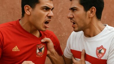 صورة مولدة بالذكاء الاصطناعي لمشجعين يرتديان قميصي الأهلي والزمالك