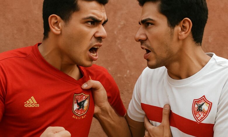 صورة مولدة بالذكاء الاصطناعي لمشجعين يرتديان قميصي الأهلي والزمالك